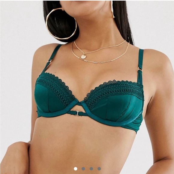 NWOT ASOS Clio emerald green underwire padded bra with satin & lace trim US 32C - Picture 1 of 4